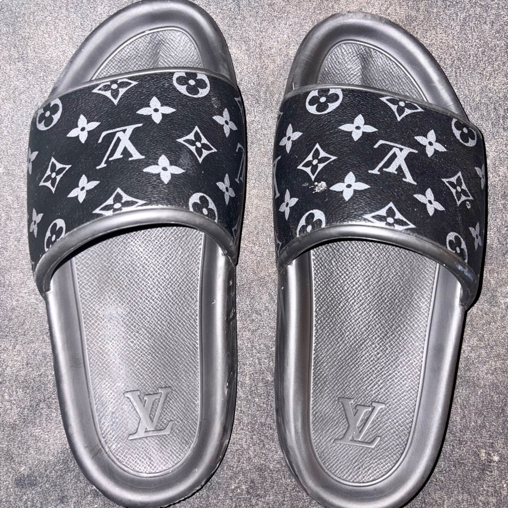 Louis Vuitton Black and Silver Monogram Slides